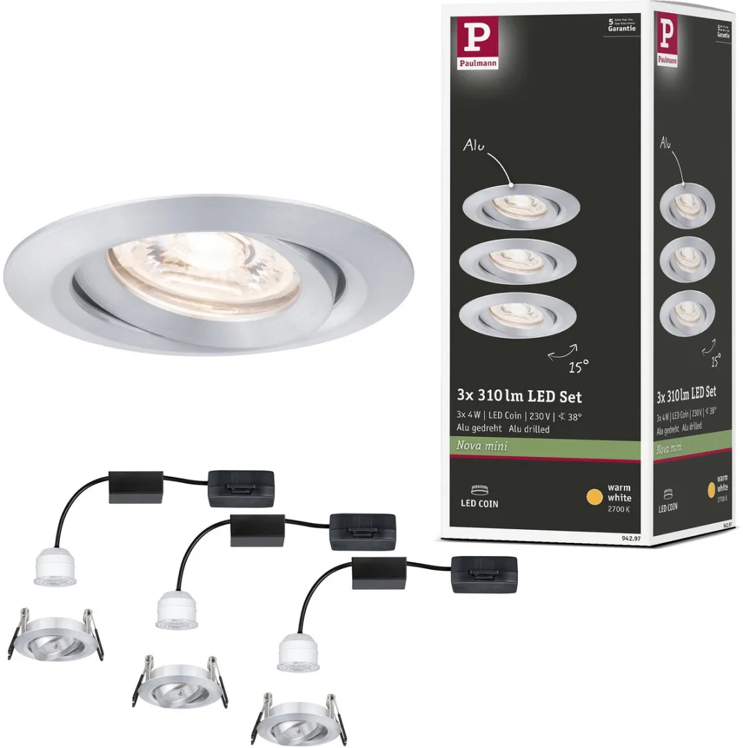 Paulmann Nova Mini Coin Basisset LED-inbouwlamp 3x4W 310lm 2700K - Alu gedraaid