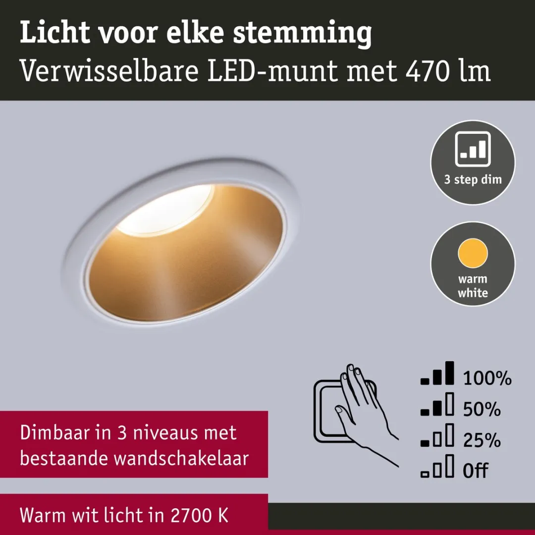 Paulmann LED-inbouwlamp 3-Step-Dim Cole Coin 6W 470lm - 88mm - IP44 - Wit/Goudmat - afbeelding 6 van 6