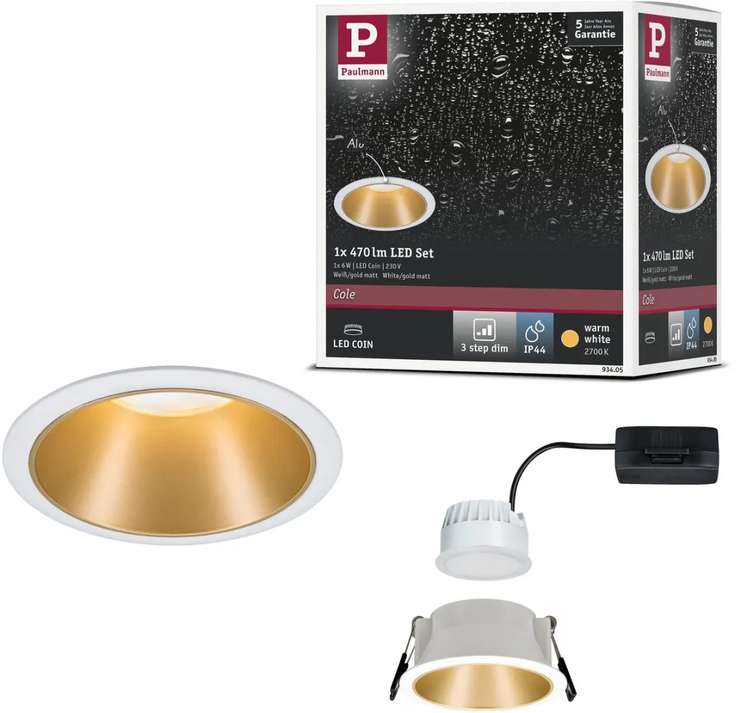 Paulmann LED-inbouwlamp 3-Step-Dim Cole Coin 6W 470lm - 88mm - IP44 - Wit/Goudmat