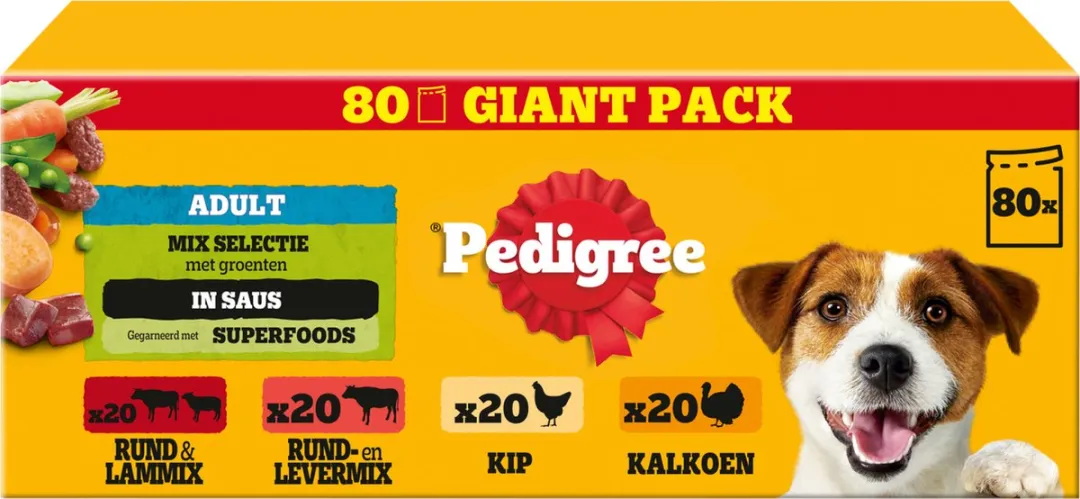 Pedigree Adult Natvoer Hond - 80x100g Rund/Kalkoen/Kip