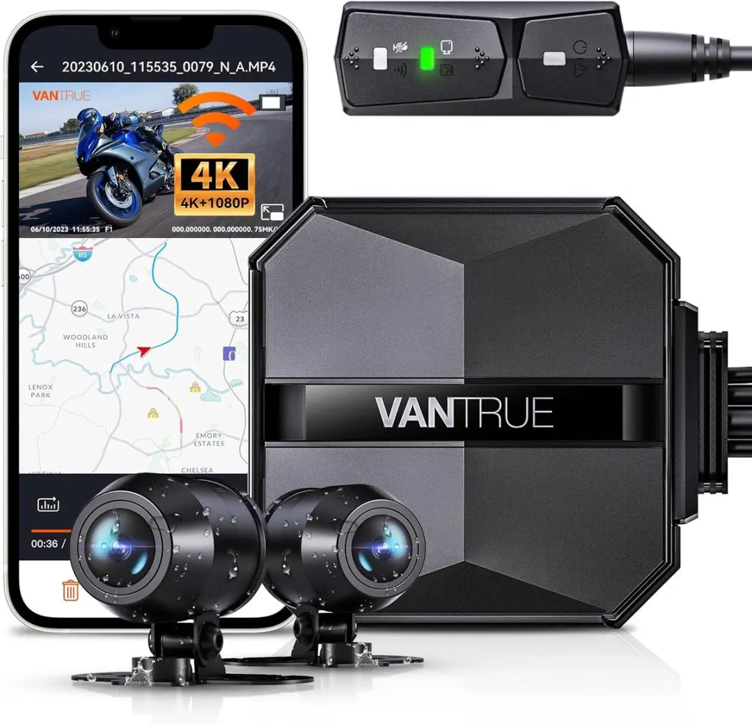 VANTRUE F1 4K + 1080P dashcam motorfiets, 5GHz WiFi GPS dashcam voor en achter,
