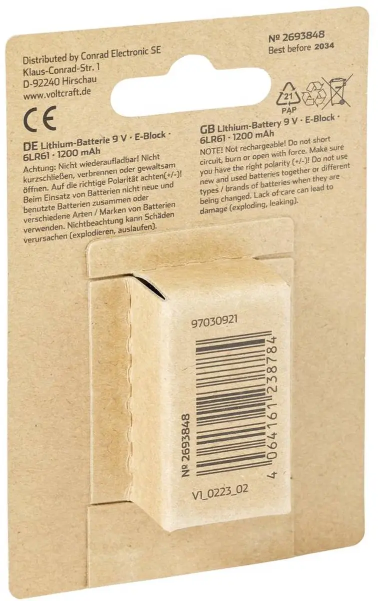 Voltcraft VC-9V-Li-1200mAh 9V Batterij (Blok) - afbeelding 2 van 3