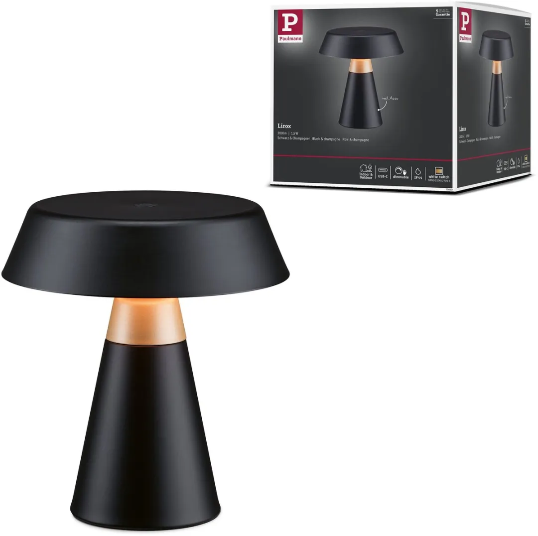Paulmann Acculamp Lirox IP44 1x1.5W - Zwart/Champagne