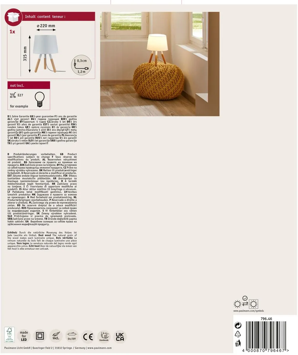 Paulmann Neordic Berit LED Tafellamp - Hout/Wit - afbeelding 6 van 6