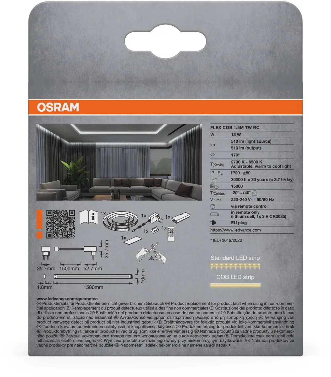 Osram Flex COB 1.5M LED Strip TW RC - 14W 500lm - Geel