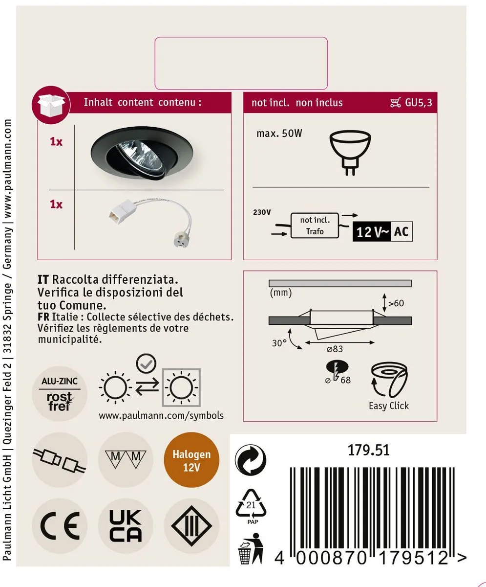 Paulmann Premium Inbouwlamp Zwenkbaar 83mm GU5.3 50W - Zwart