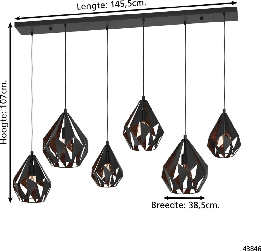 Eglo Carlton 1 Hanglamp E27 - 6 Lichtpunten - 145,5 cm - Zwart/Koper