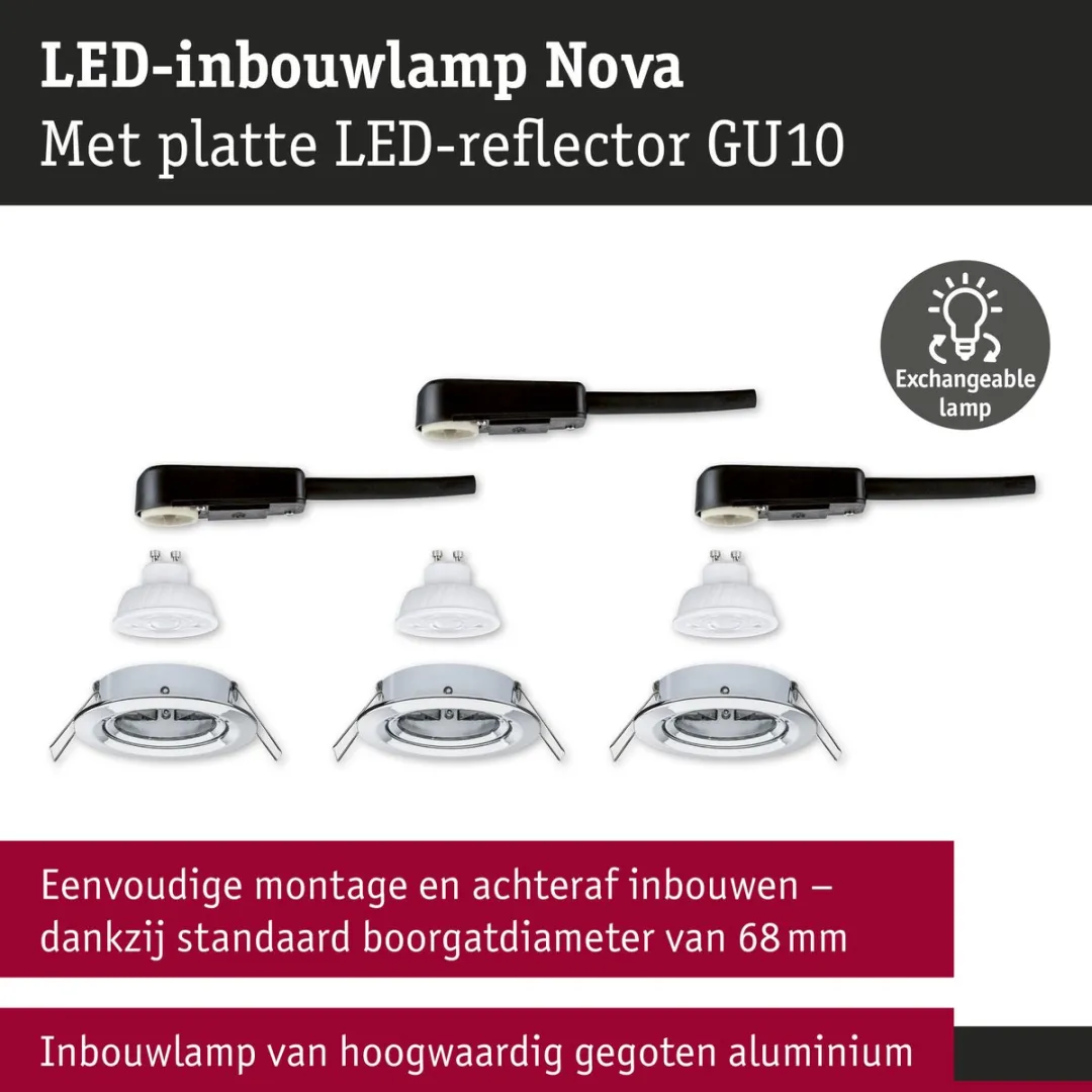 Paulmann Nova GU10 Flat LED-inbouwlamp 3x4,9W 550lm 2700K - Chroom