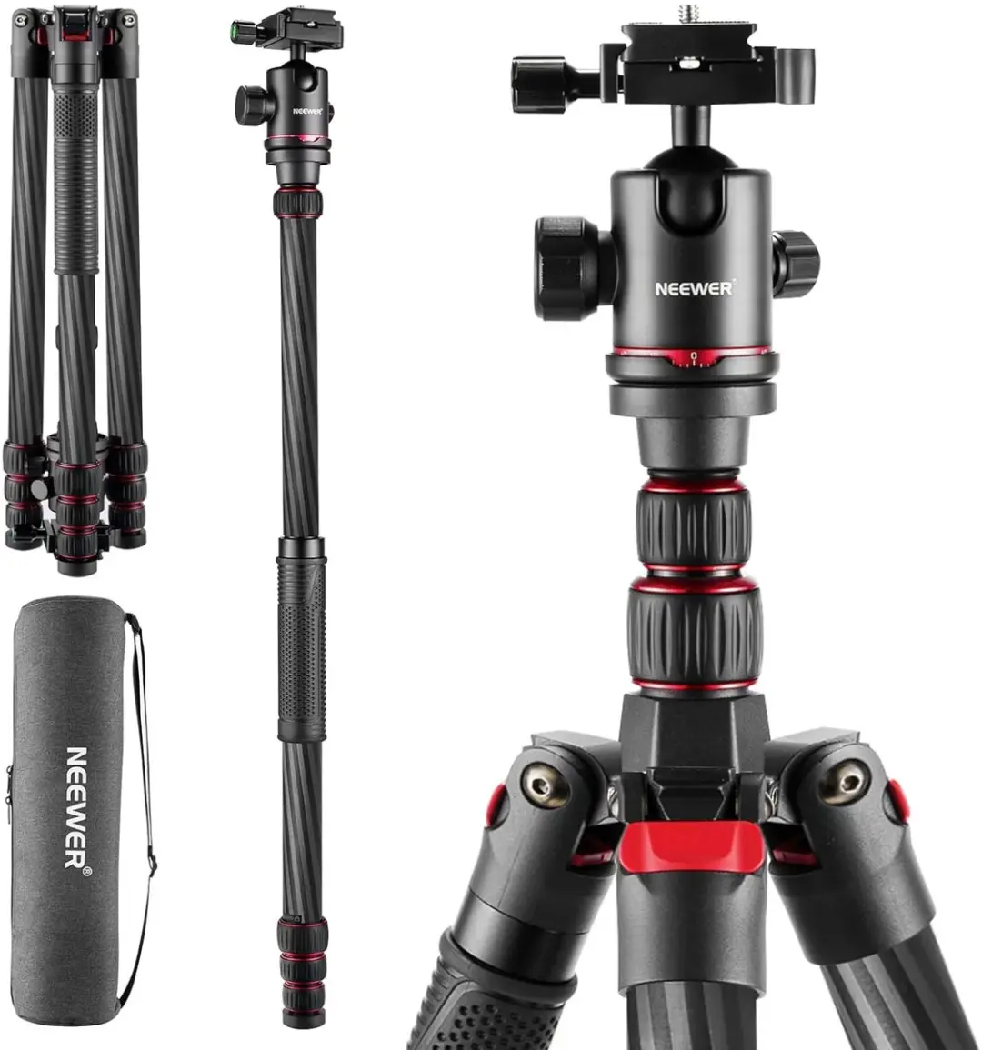 NEEWER 205 cm reisstatief van koolstofvezel, nieuw camerastatief met 2-delige mi