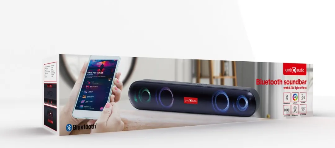 GMB-Audio Bluetooth Soundbar met LED Lichteffecten, Zwart – Draadloos Streamen, Krachtige Bas, Meerdere Input Opties, Lange Batterijduur, Compact Ontwerp voor Gaming en Thuisbioscoop
