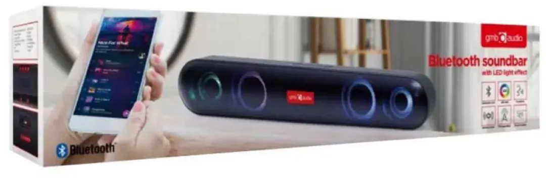 GMB-Audio Bluetooth Soundbar met LED Lichteffecten, Zwart – Draadloos Streamen, Krachtige Bas, Meerdere Input Opties, Lange Batterijduur, Compact Ontwerp voor Gaming en Thuisbioscoop