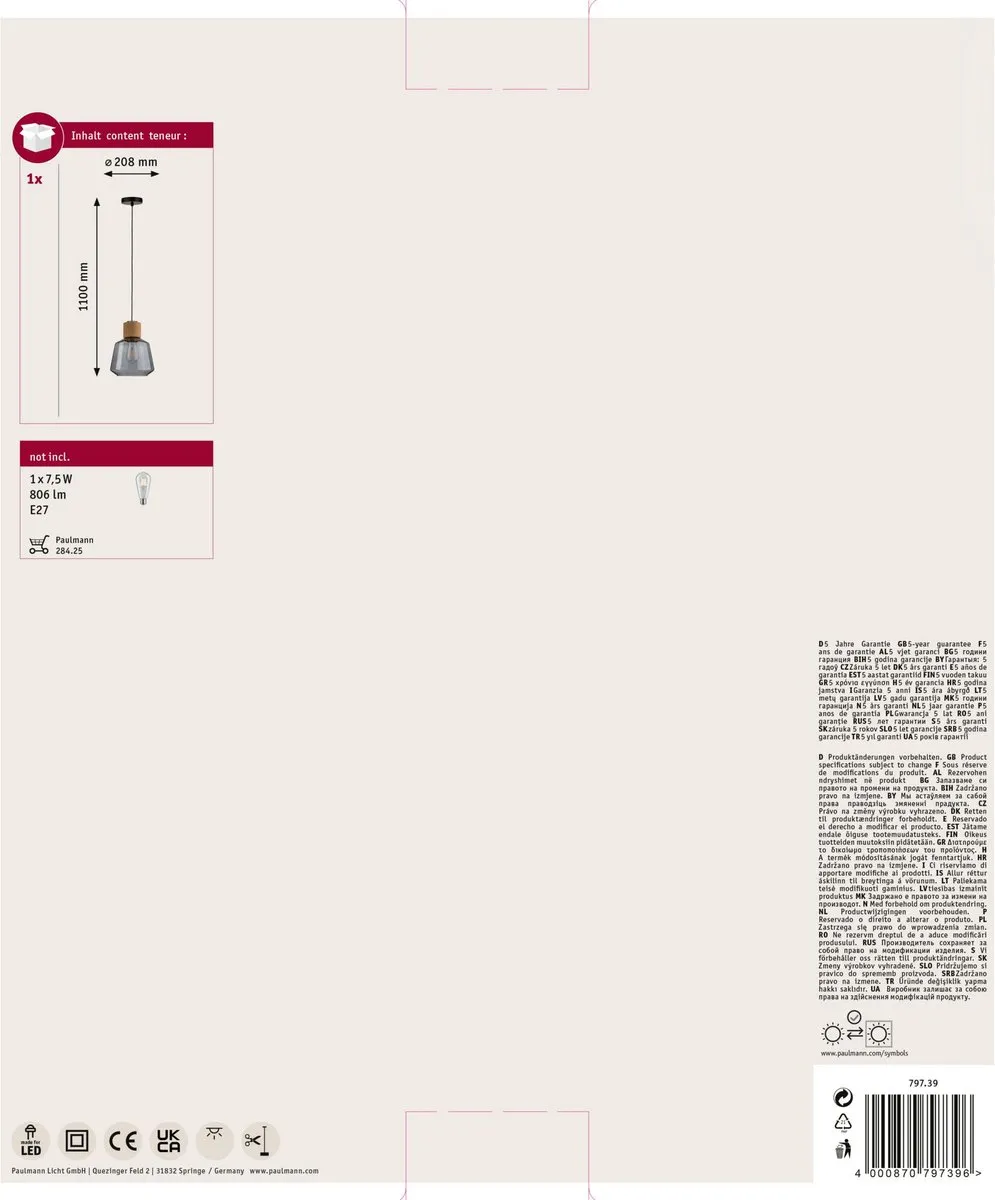 Paulmann Neordic Elia Hanglamp E27 20W - Rookglas/Kurk/Zwart - afbeelding 6 van 6