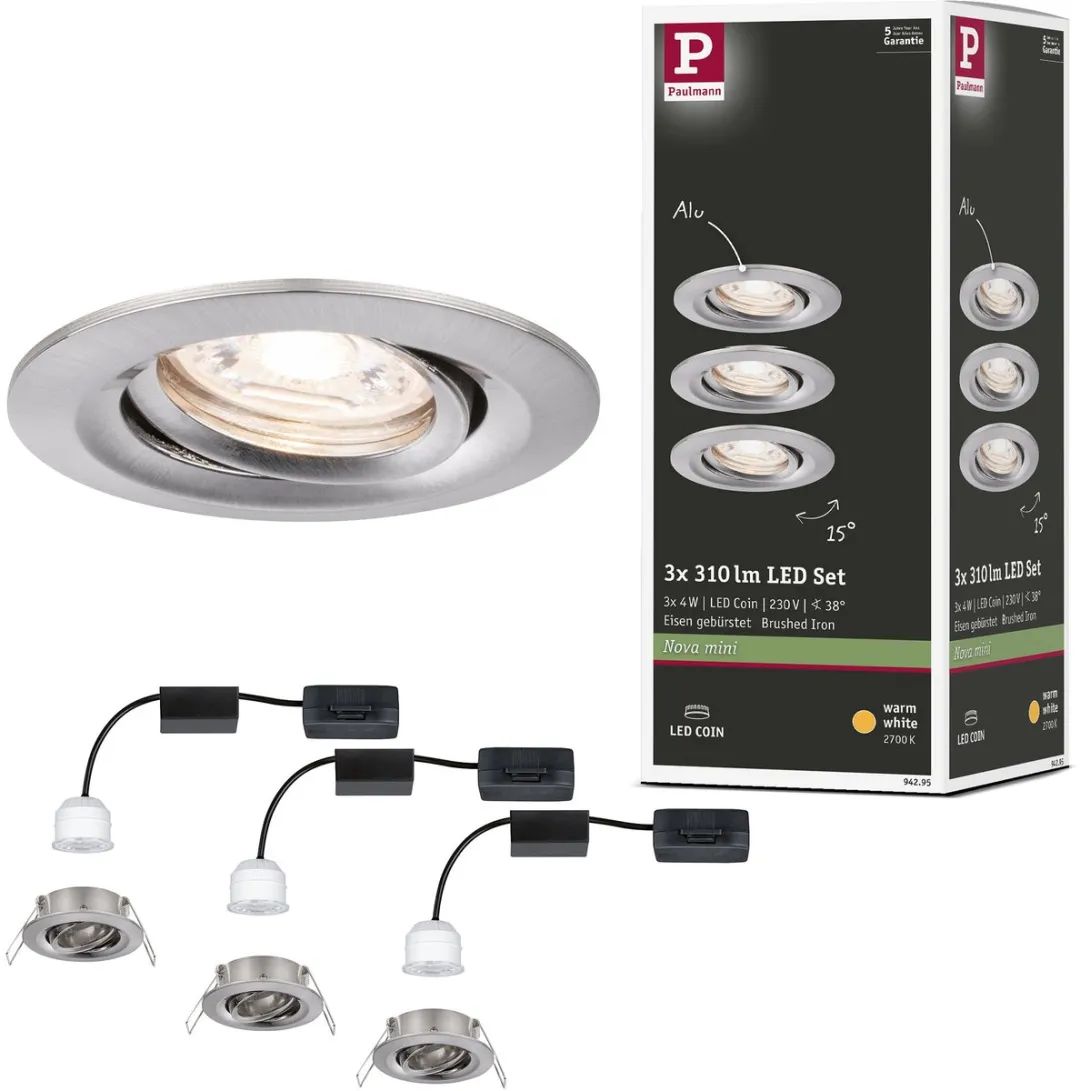 Paulmann Nova Mini Coin Basisset LED-inbouwlamp 3x4W 310lm 2700K - Staal geborsteld