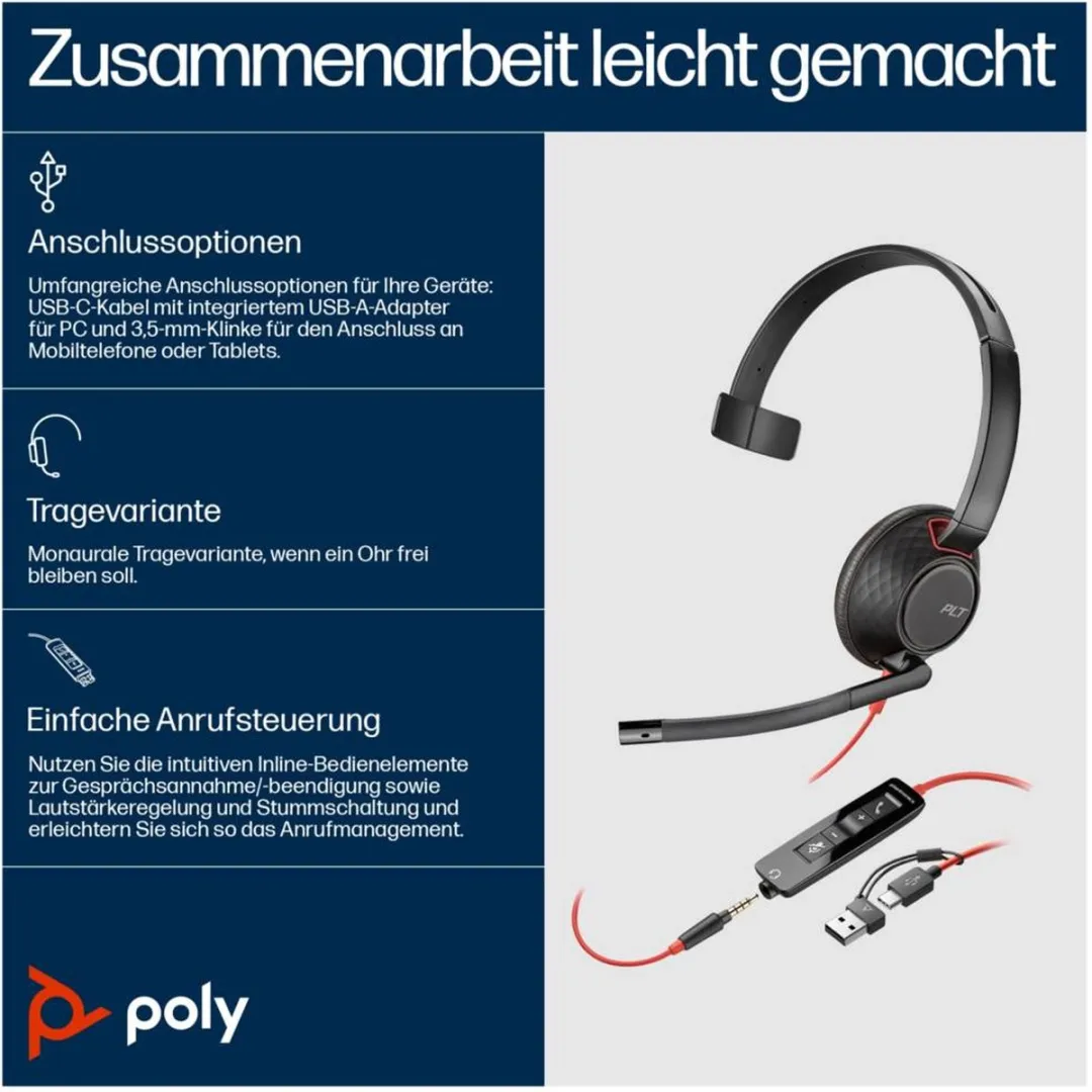 HP Poly Blackwire C5210 Headset - Noise Cancelling - Zwart