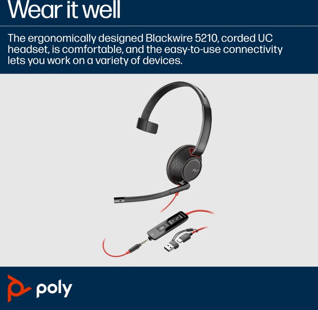 HP Poly Blackwire C5210 Headset - Noise Cancelling - Zwart