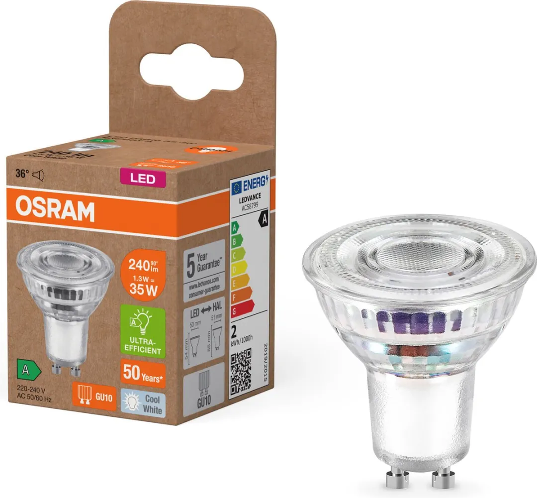 Osram PAR16 LED Reflectorlamp 1,3W 240lm GU10 Koelwit - Helder Glas - afbeelding 6 van 6