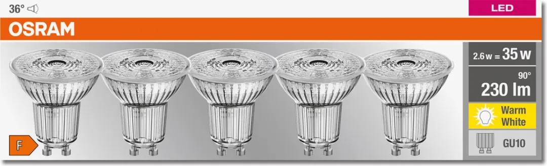 Osram LED Spot GU10 2,6W 230lm Warm Wit - 5 Stuks - afbeelding 6 van 6