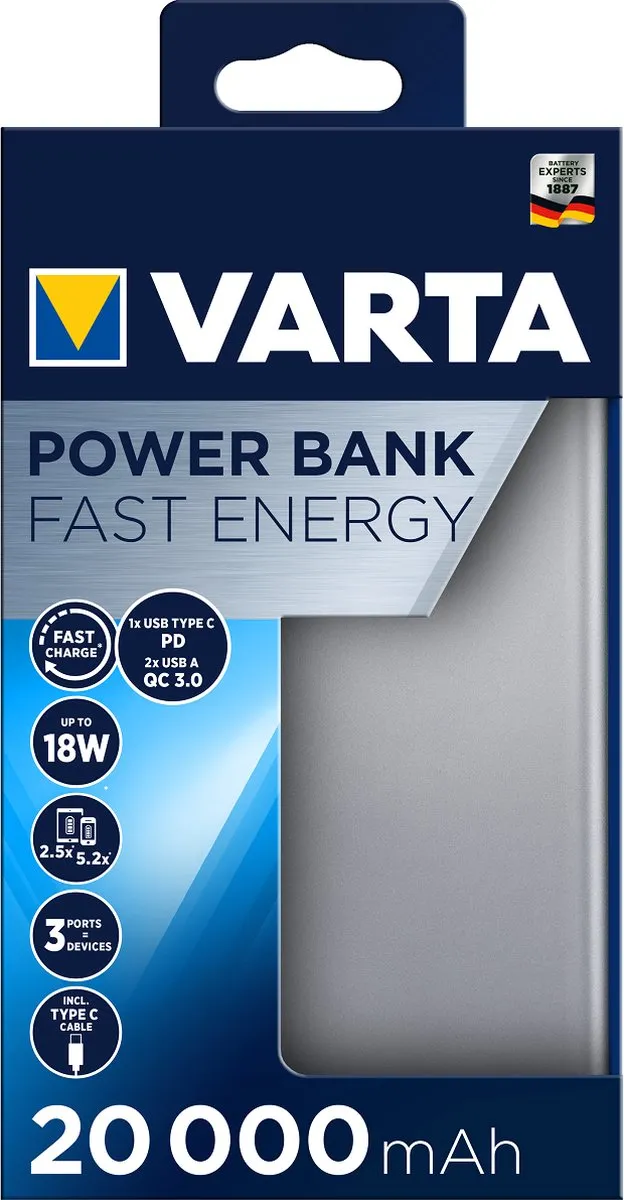 Varta Power Bank 20000mAh 57983101111 - 15W - Grijs