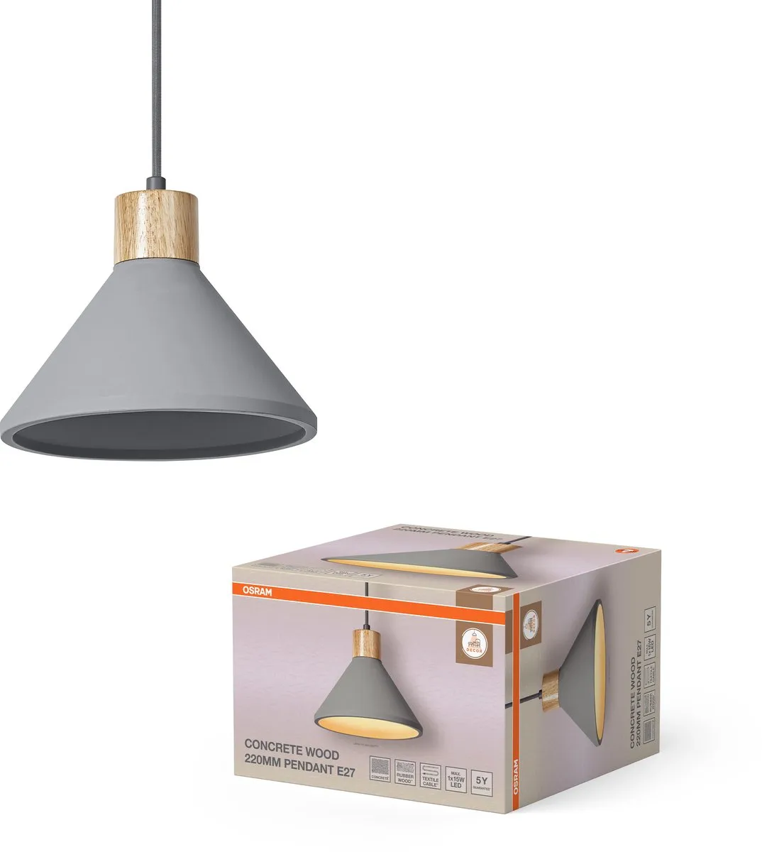 Osram Decor Concrete Wood Hanglamp 220mm - Donkergrijs