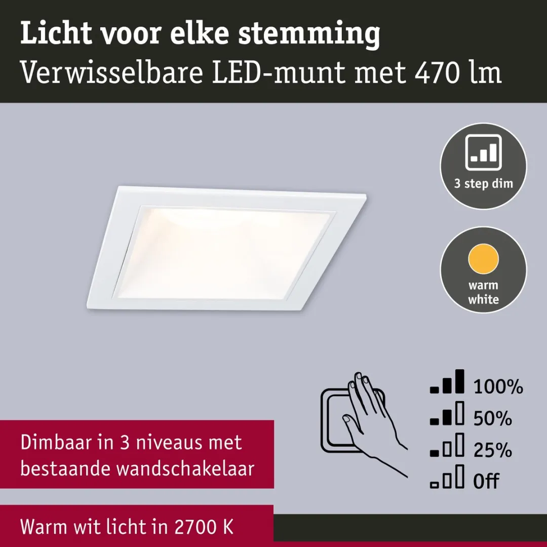 Paulmann LED-inbouwlamp Cole Coin 6W 470lm 2700K IP44 - 88x88mm Wit