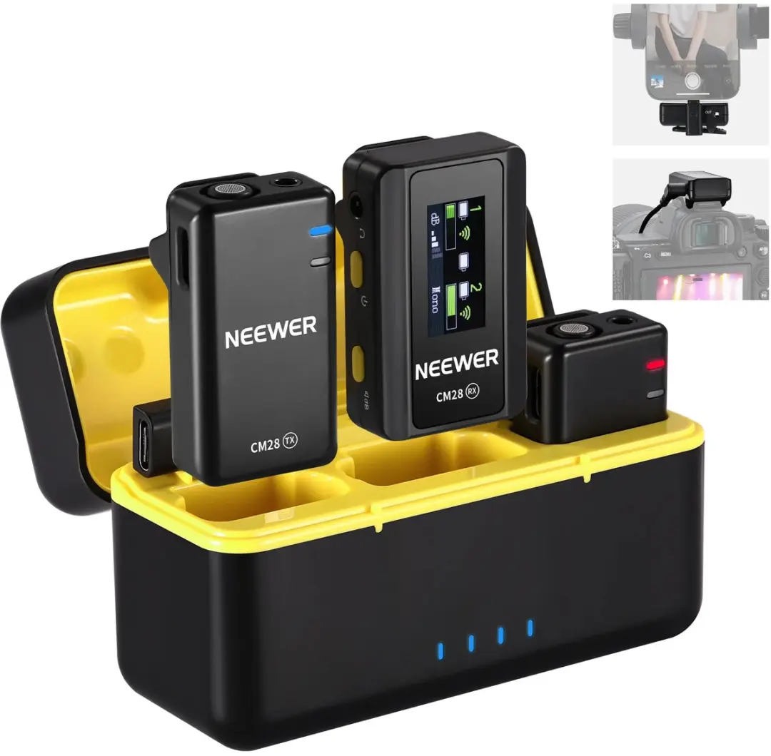 NEEWER CM28 (1 RX + 2 TX + oplaadkoffer), draadloze lavaliermicrofoon, 48 kHz/16