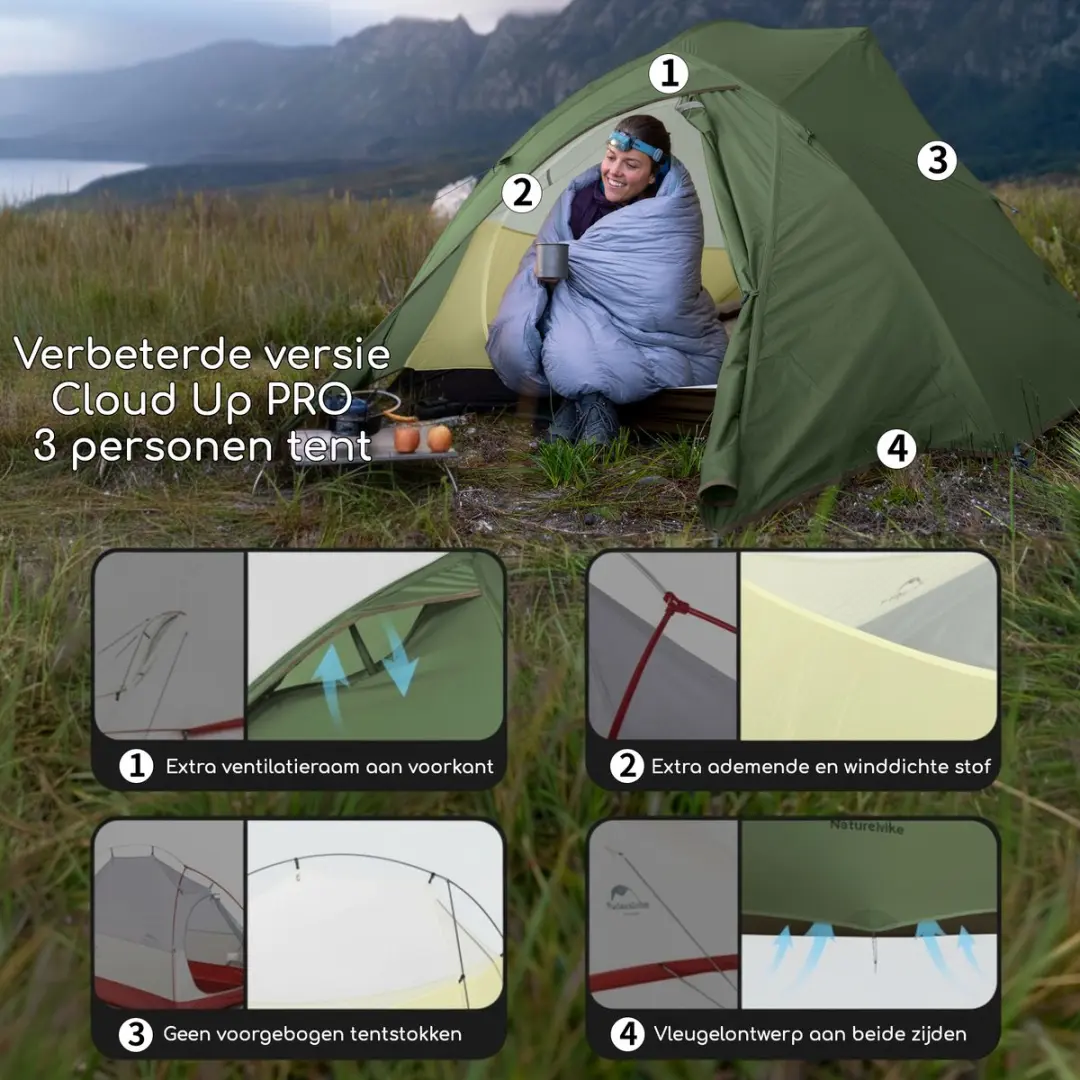 Naturehike Cloud Up 3 Pro Tent - 3 Persoons - Wit/Grijs - afbeelding 4 van 6