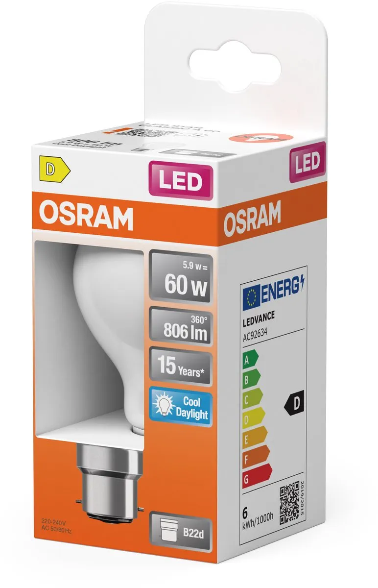 Osram LED-lamp A60 Stervorm B22d 5,9W 806lm 6500K Mat