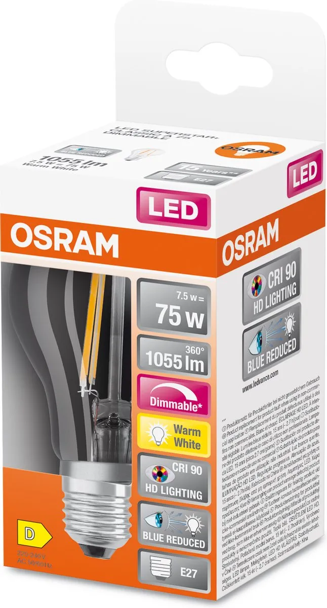 Osram E27 LED 7.5W 2700K Warm Wit - 300° Dimbaar