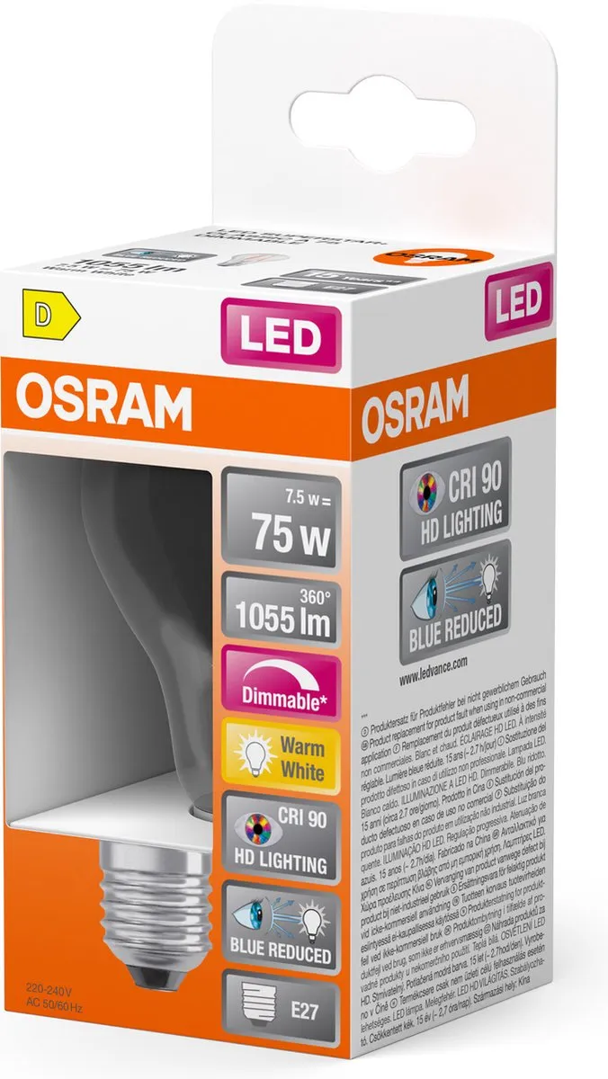 Osram E27 LED 7.5W 2700K Warm Wit - 300° Dimbaar
