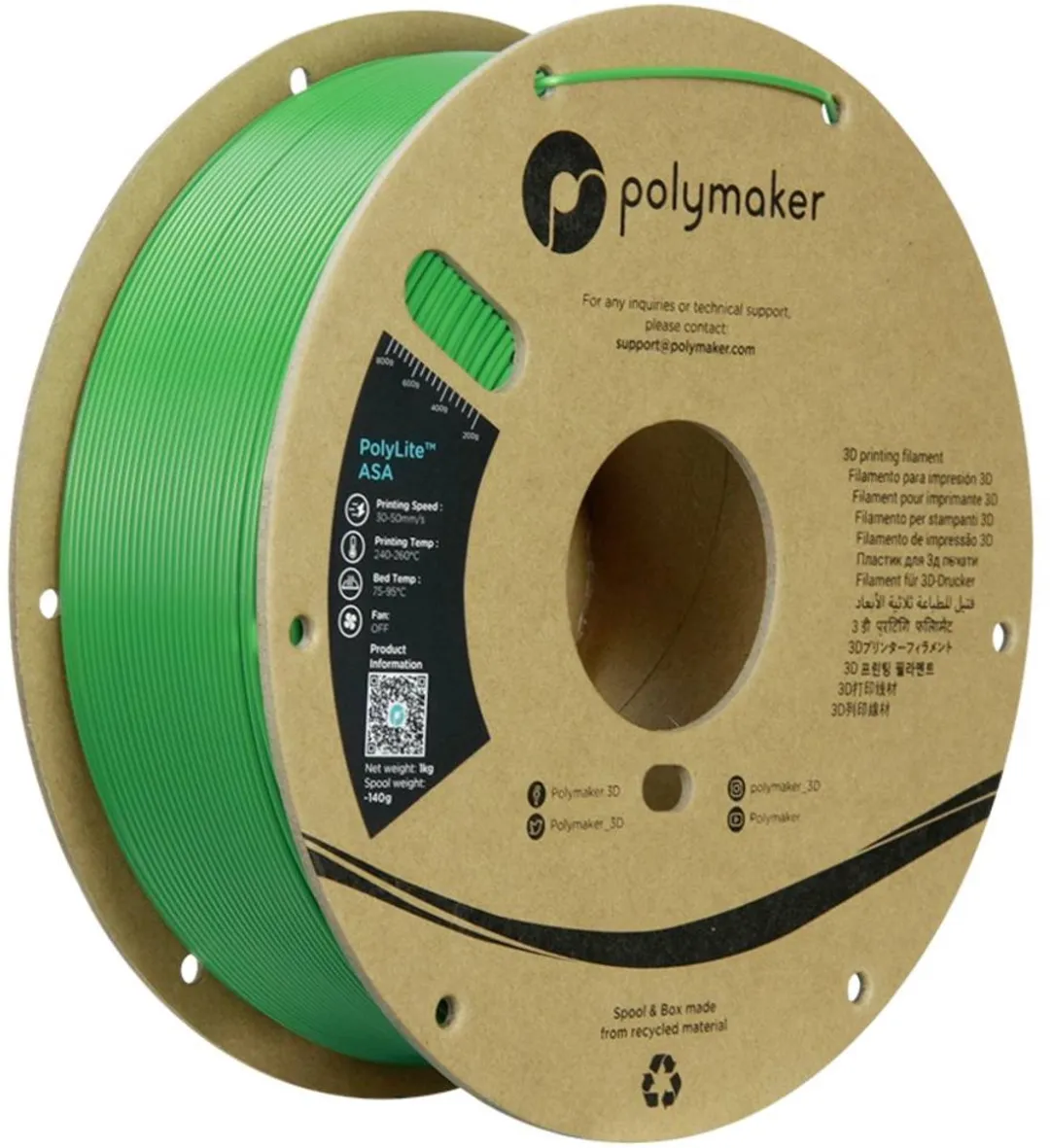 Polymaker PF01030 Green Filament ASA UV-bestendig, Weerbestendig, Hittebestendig, Slagvast 1.75 mm 1000 g Groen PolyLit
