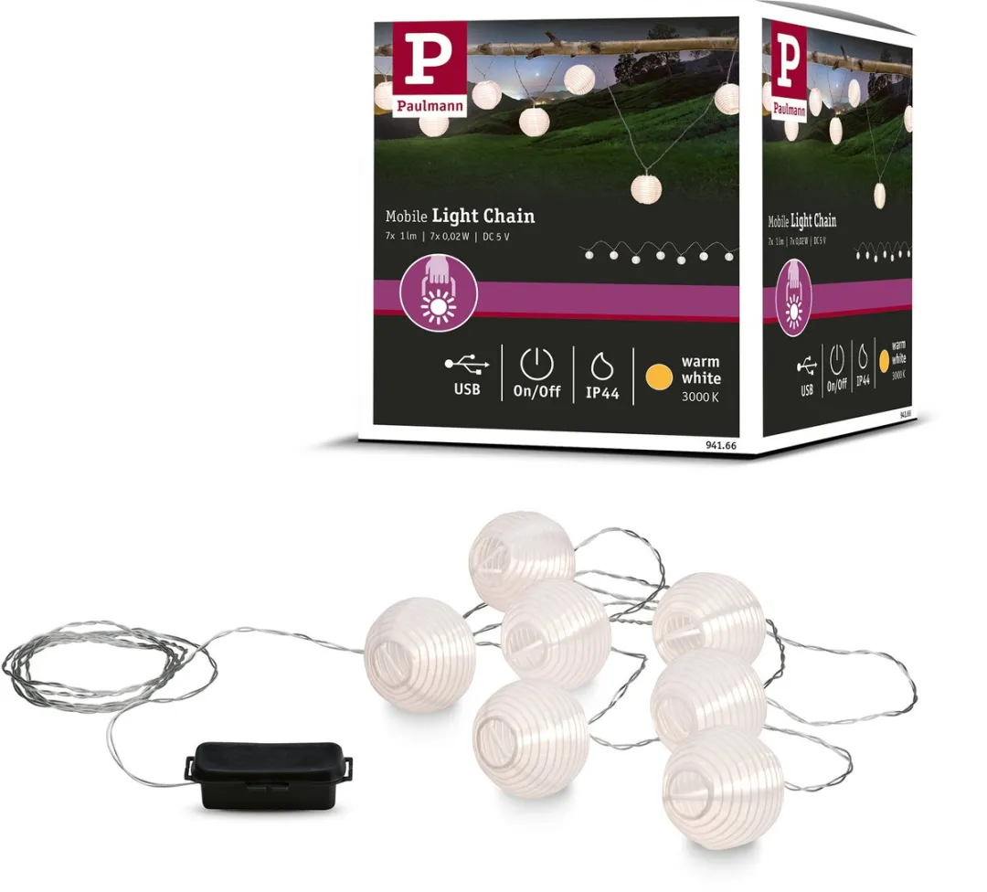 Paulmann Lichtketting Accu Lampion IP44 3,6m 7 Punten