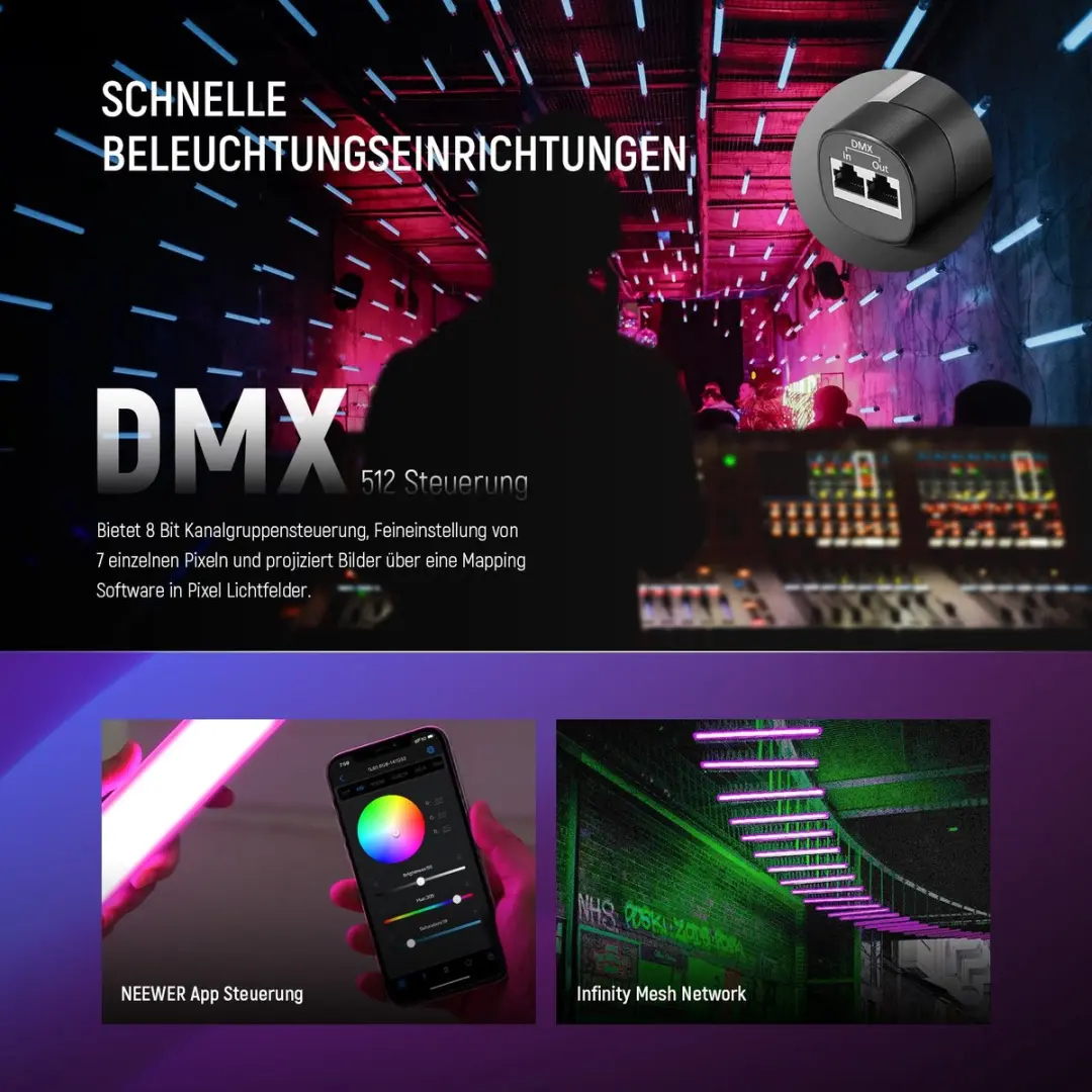 Neewer TL60C - led lamp - fotografie - 20 Watt - app en DMX sturing - RGB - 60cm - afbeelding 5 van 6