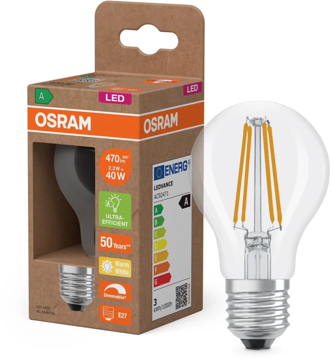Osram Energy Class LED-lamp E27 2,2W 470lm Warm Wit