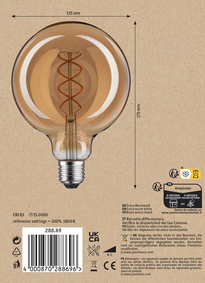 Paulmann 1879 Filament LED Globe G125 E27 4W 230lm - Goud - afbeelding 6 van 6