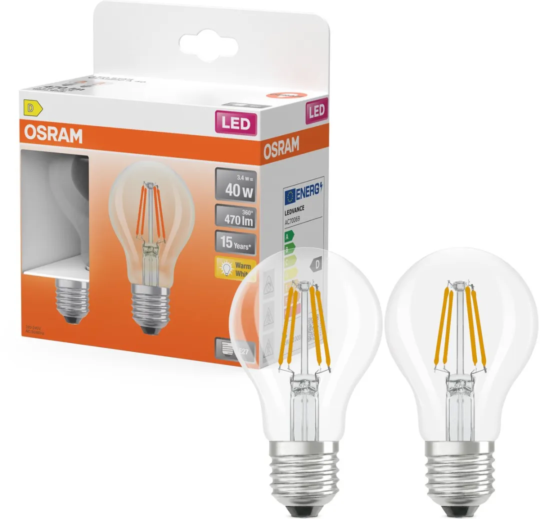 Osram LED-lamp A40 Filament 3,4W 2700K - 2 Stuks