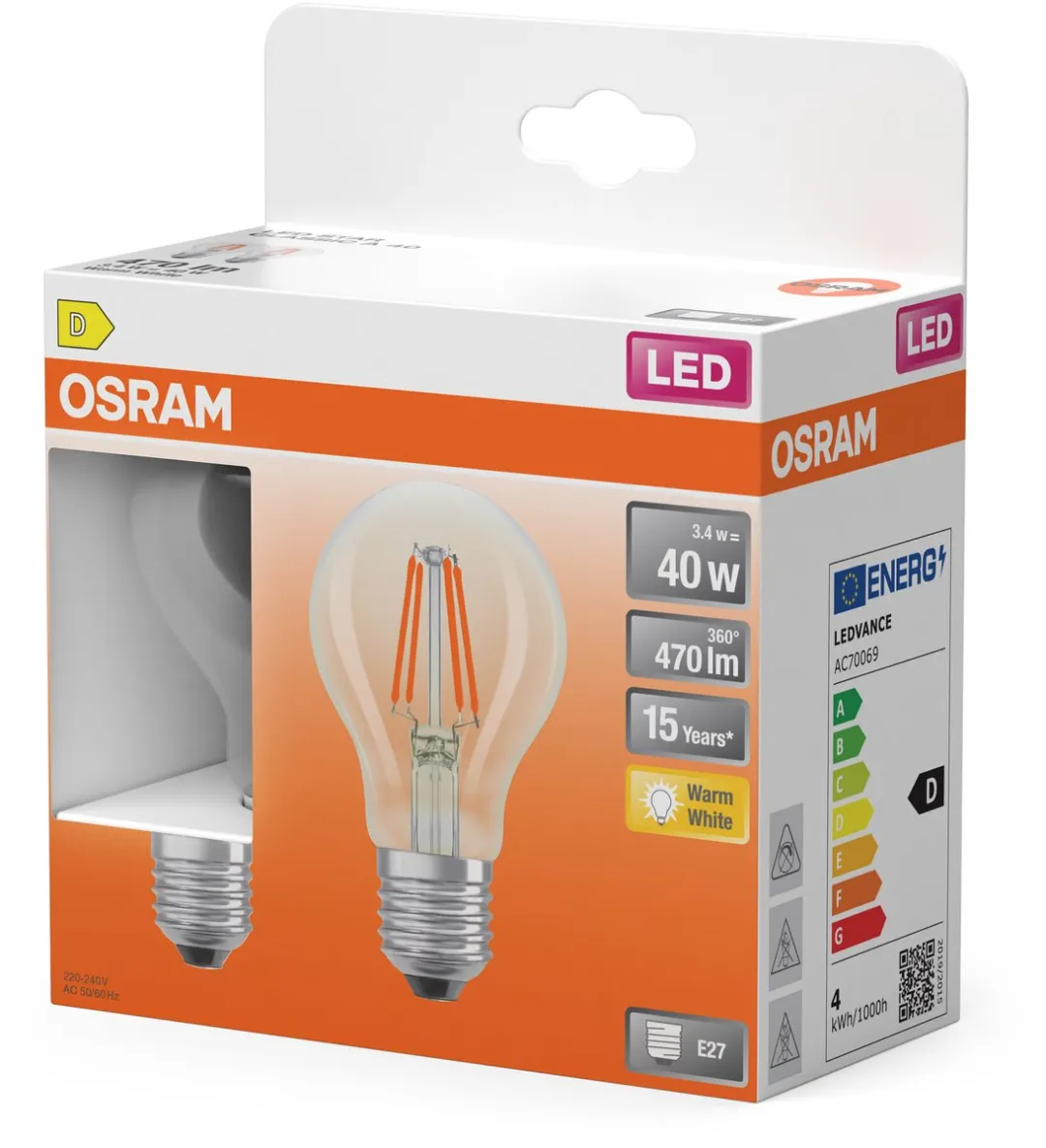 Osram LED-lamp A40 Filament 3,4W 2700K - 2 Stuks