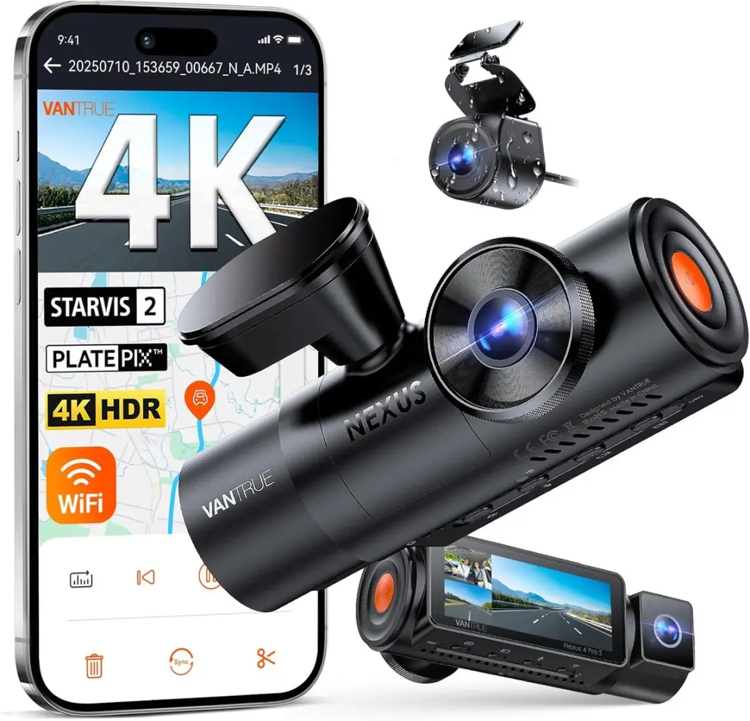 VANTRUE N4 Pro S 4K dashcam voor de auto, 3-kanaals 4K + 1080P + 1440P met GPS,