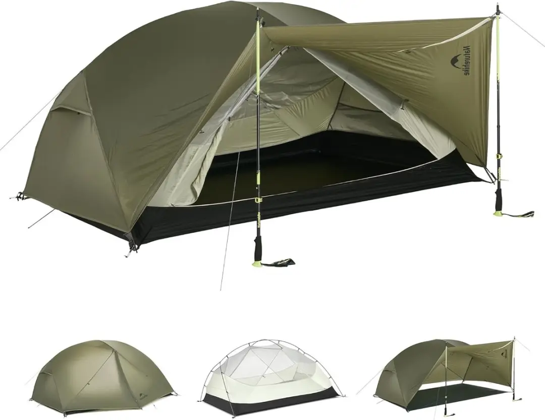 Naturehike Mongar PRO 3 – 3-persoons lichtgewicht tent – Incl. grondzeil – 20D 3000MM – 3-seizoenen koepeltent – Waterdichte trekkerstent & kampeertent – Olijfgroen