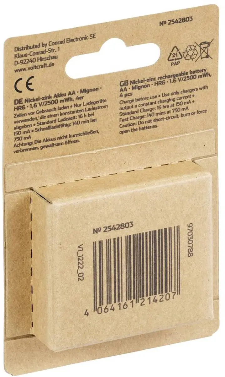 Voltcraft HR6 Oplaadbare AA Batterij NiZn 1500 mAh - 4 stuk - afbeelding 3 van 4
