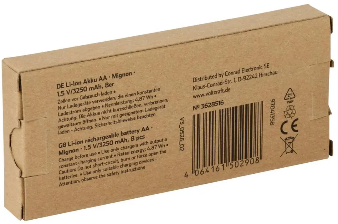 Voltcraft Oplaadbare AA Batterij Li-ion 3250 mAh - 8 stuks - afbeelding 2 van 4