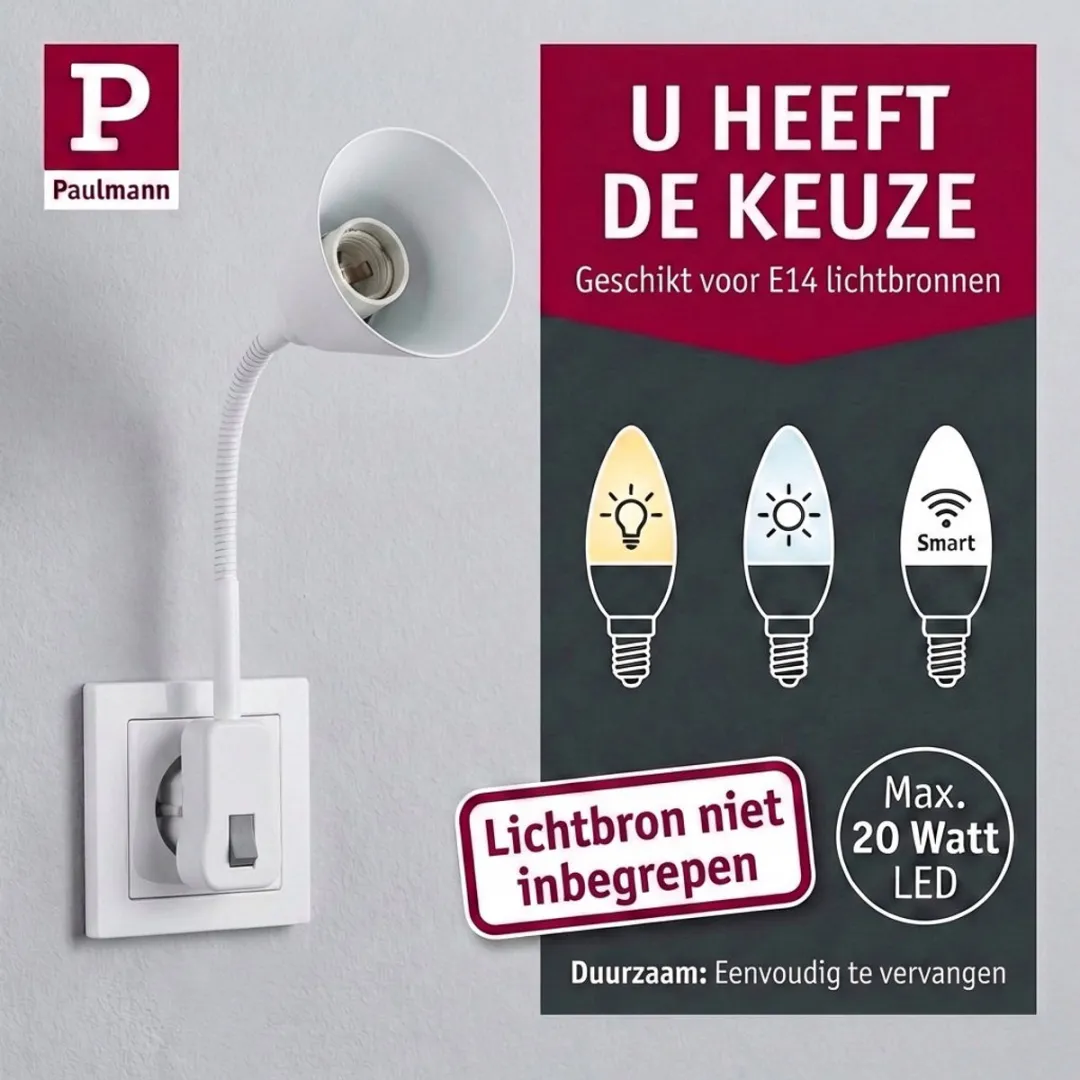 Paulmann Junus Flexarm Stekkerlamp E14 - 20W - Wit