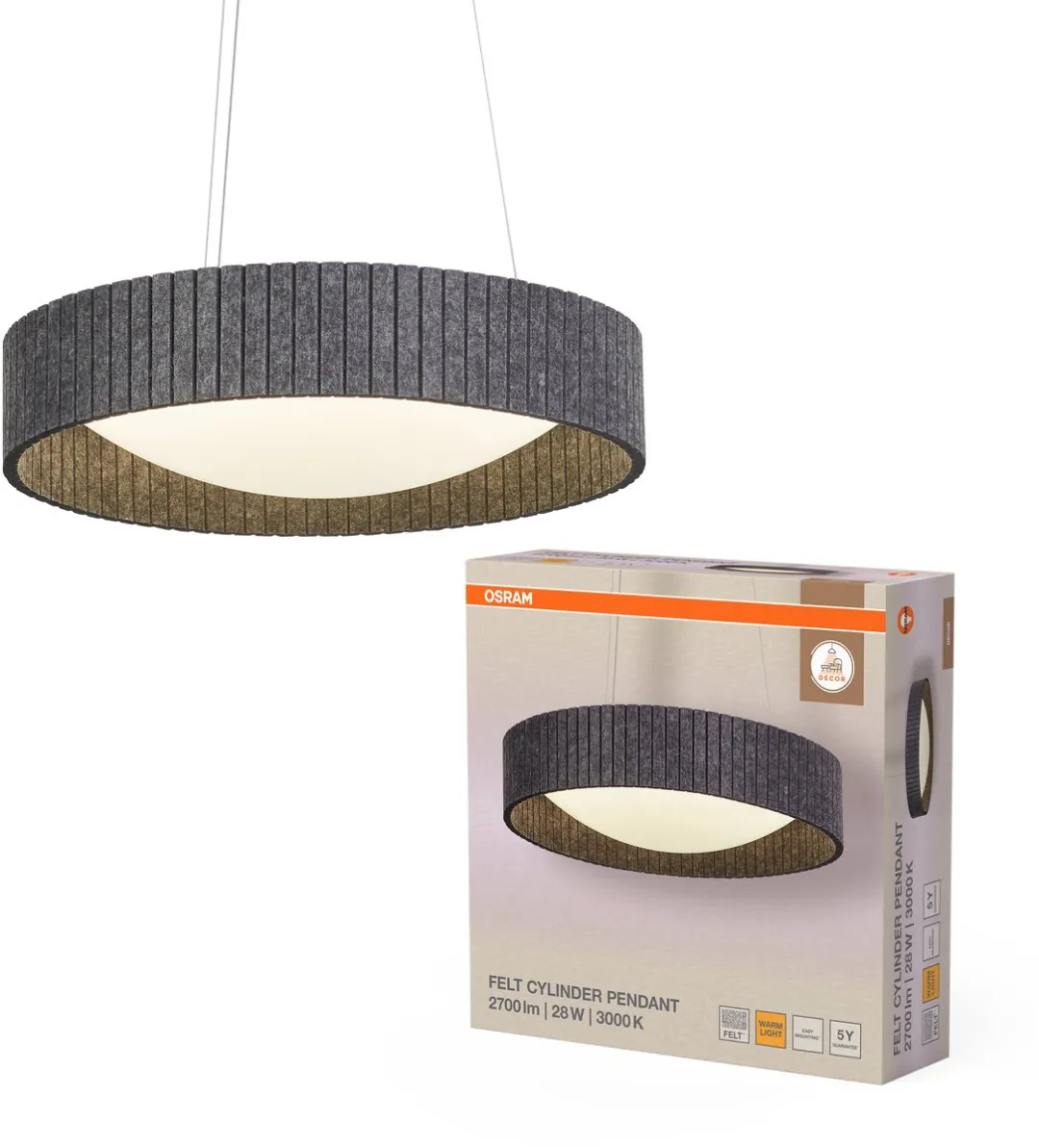 Osram Decor Felt Cylinder Hanglamp 28W - 1000lm - 3000K - Donkergrijs