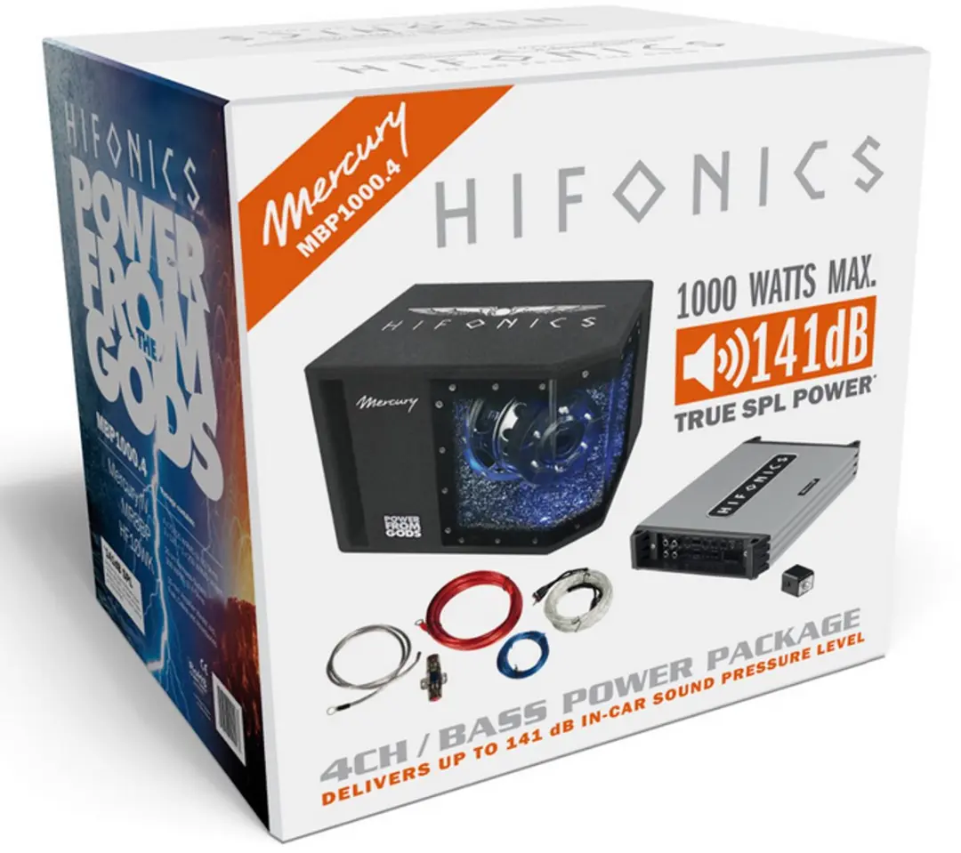 Hifonics Mercury MBP1000.4 basspack 4 kanaals + 8 inch bandpass kist + kabelset