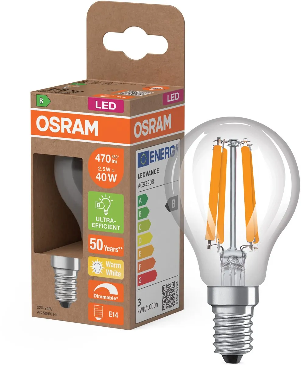 Osram LED Mini Kaars Classic P40 Filament 2,5W E14 - Warm wit