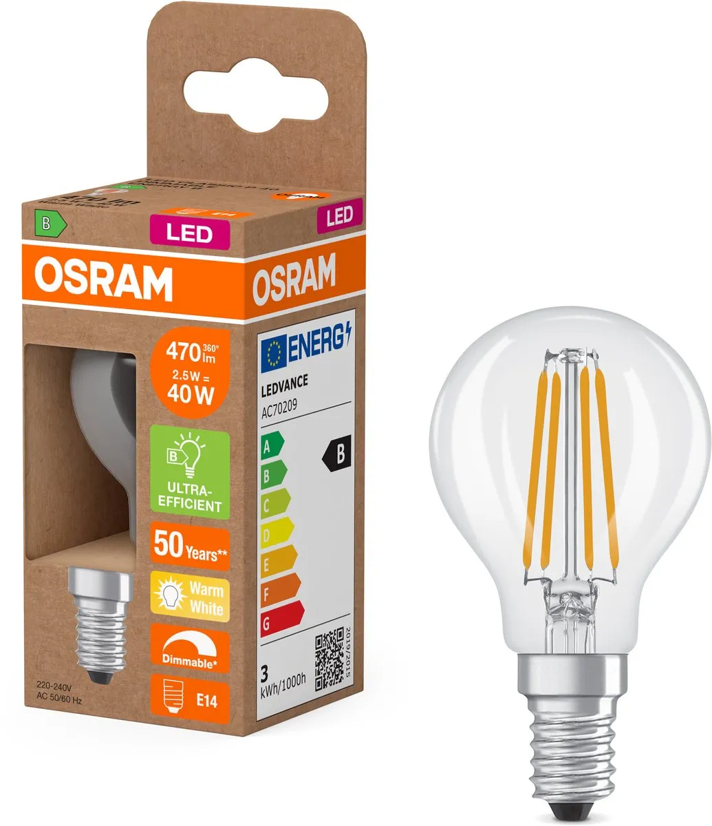 Osram LED Mini Kaars Classic P40 Filament 2,5W E14 - Warm wit
