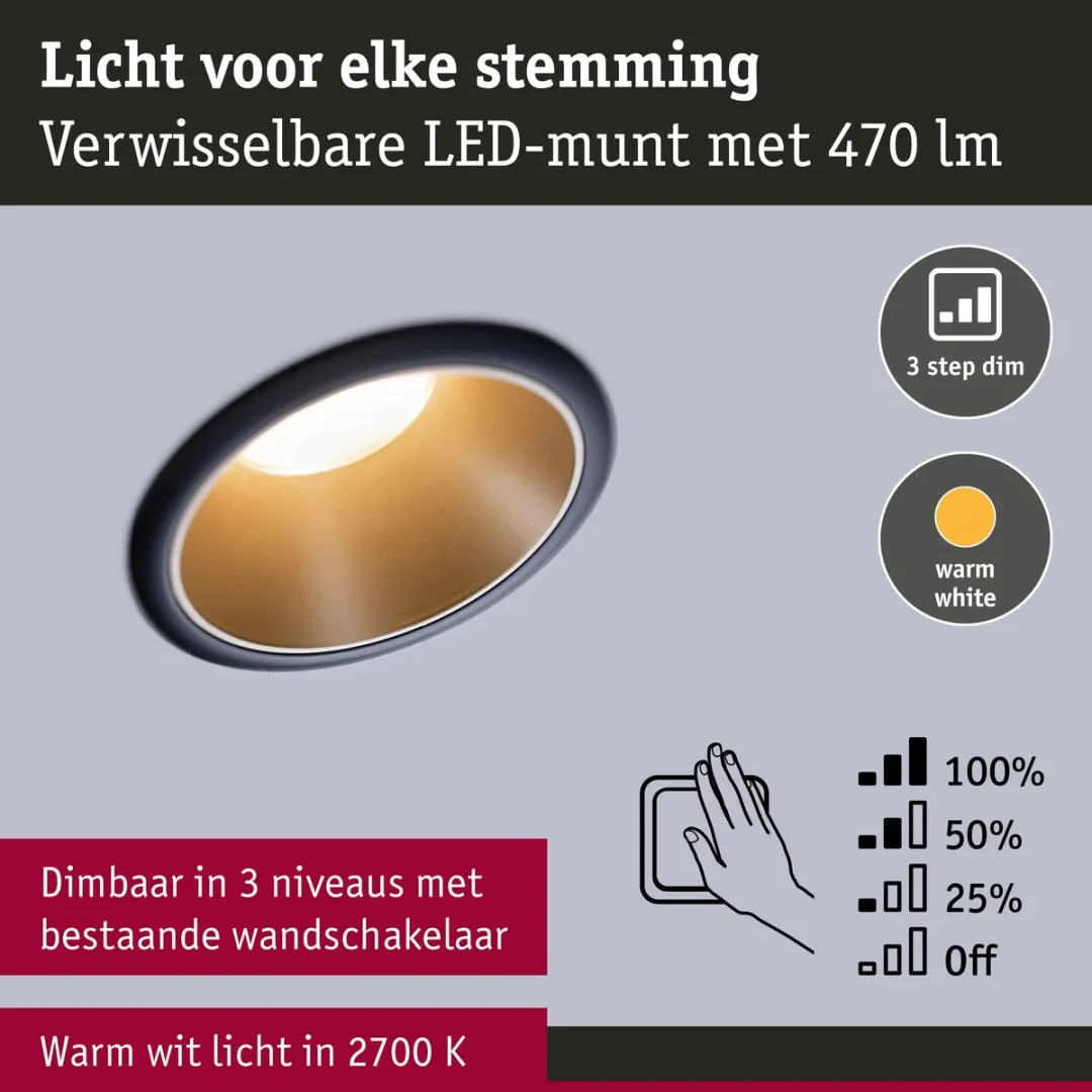 Paulmann LED-inbouwlamp 3-Step-Dim Cole Coin Set 3x6W - 3x470lm - 2700K - Zwart/Goud