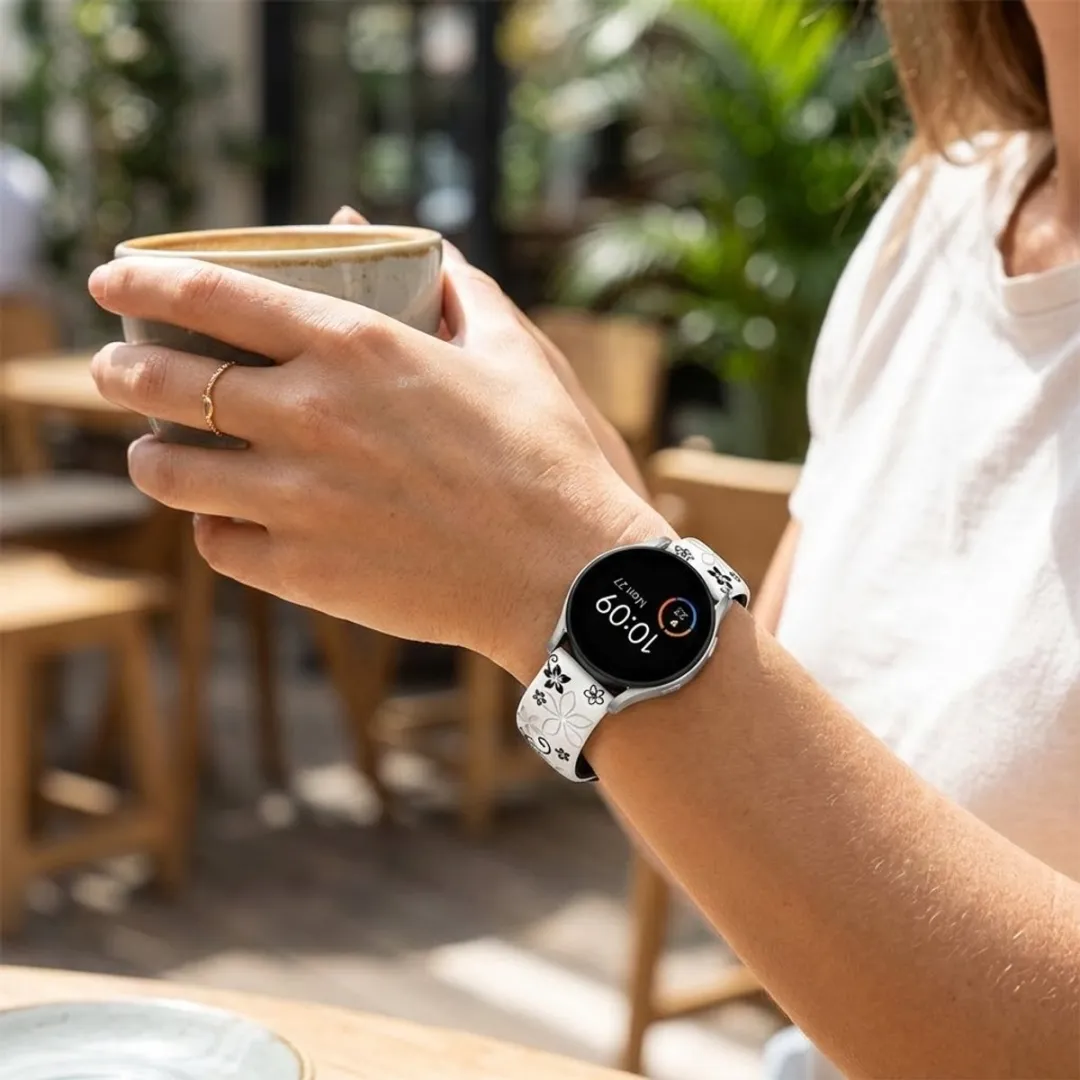 NUVEX Silicone Horlogeband 20mm - Wit/Zwart Bloemenpatroon