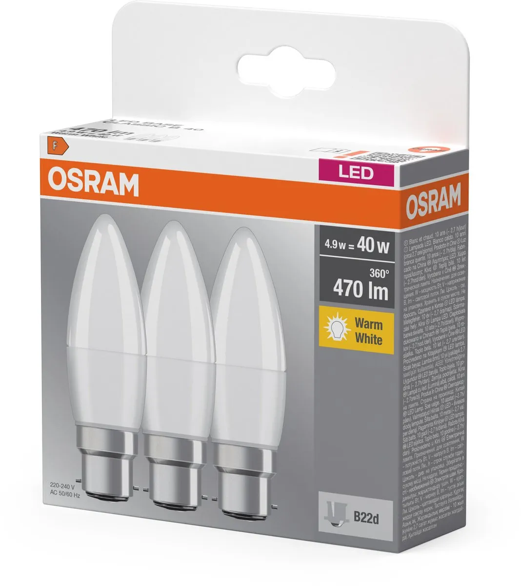 Osram LED Base Classic B40 Mini Kaars 4,9W - Mat - 3 Stuks - afbeelding 6 van 6