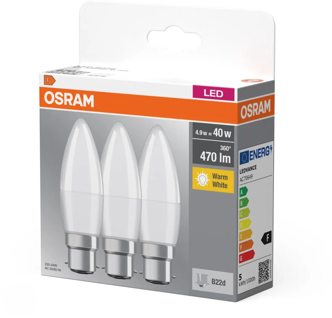 Osram LED Base Classic B40 Mini Kaars 4,9W - Mat - 3 Stuks