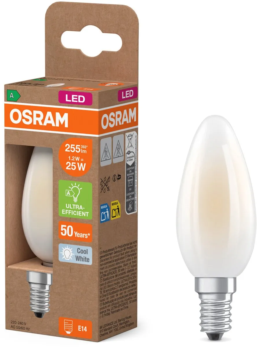 Osram LED Classic E14 Kaars Filament 1.2W 255lm - Koel wit